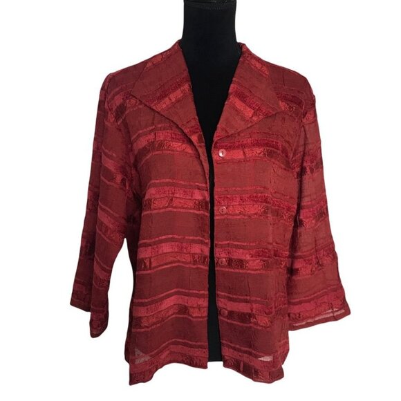 Coldwater Creek Striped Red Burgundy Sheer w/Applique Blouse - Size Petite Large - Picture 2 of 6